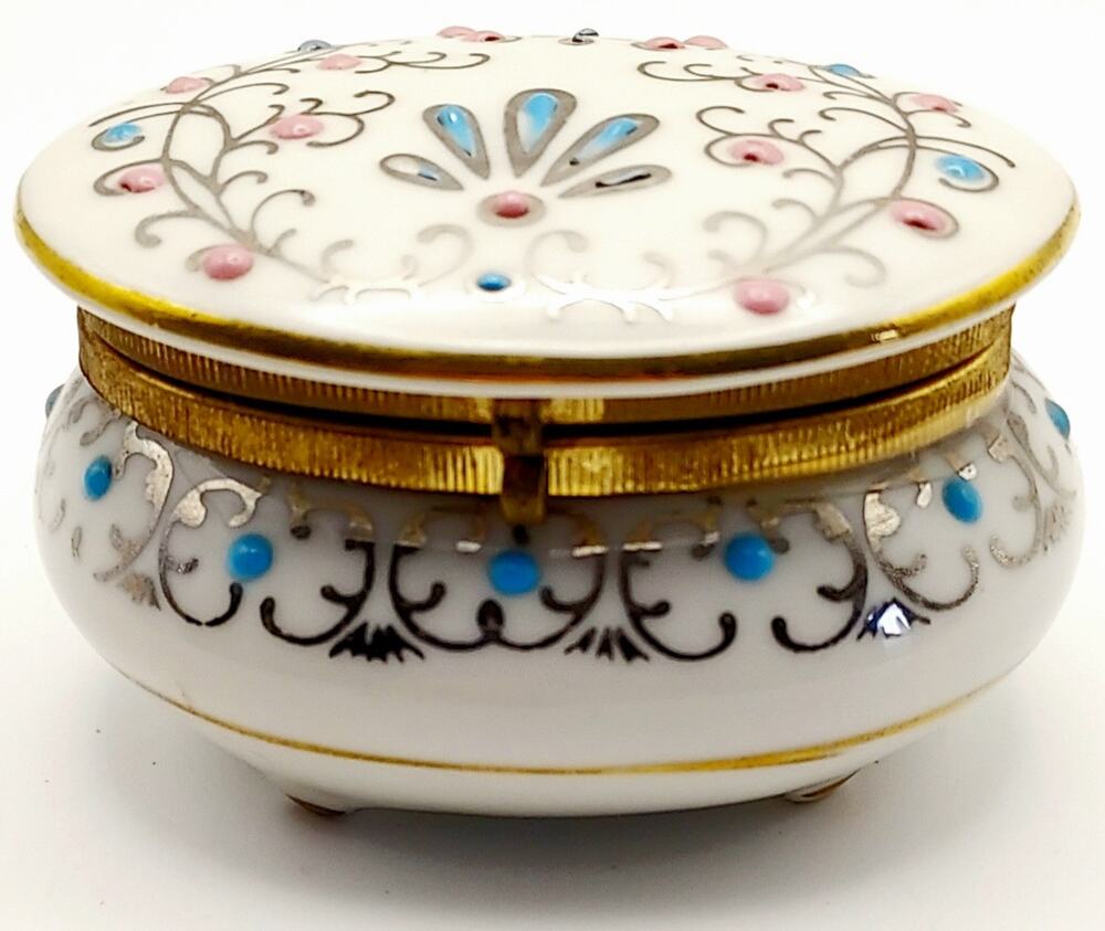 Vintage Footed Raised Enamel Oval Porcelain Trinket Jewelry Box White Pink Blue